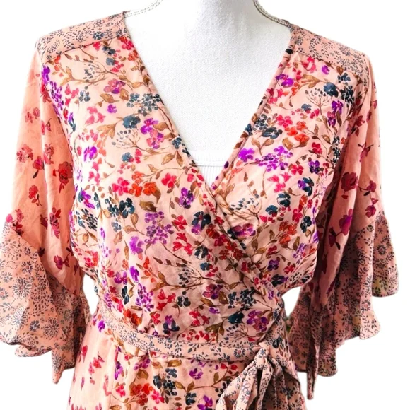 Lovestitch Priscilla Mauve Floral Flowy Wrap Maxi Dress Flutter Slvs Tie Belt LG - Picture 5 of 15